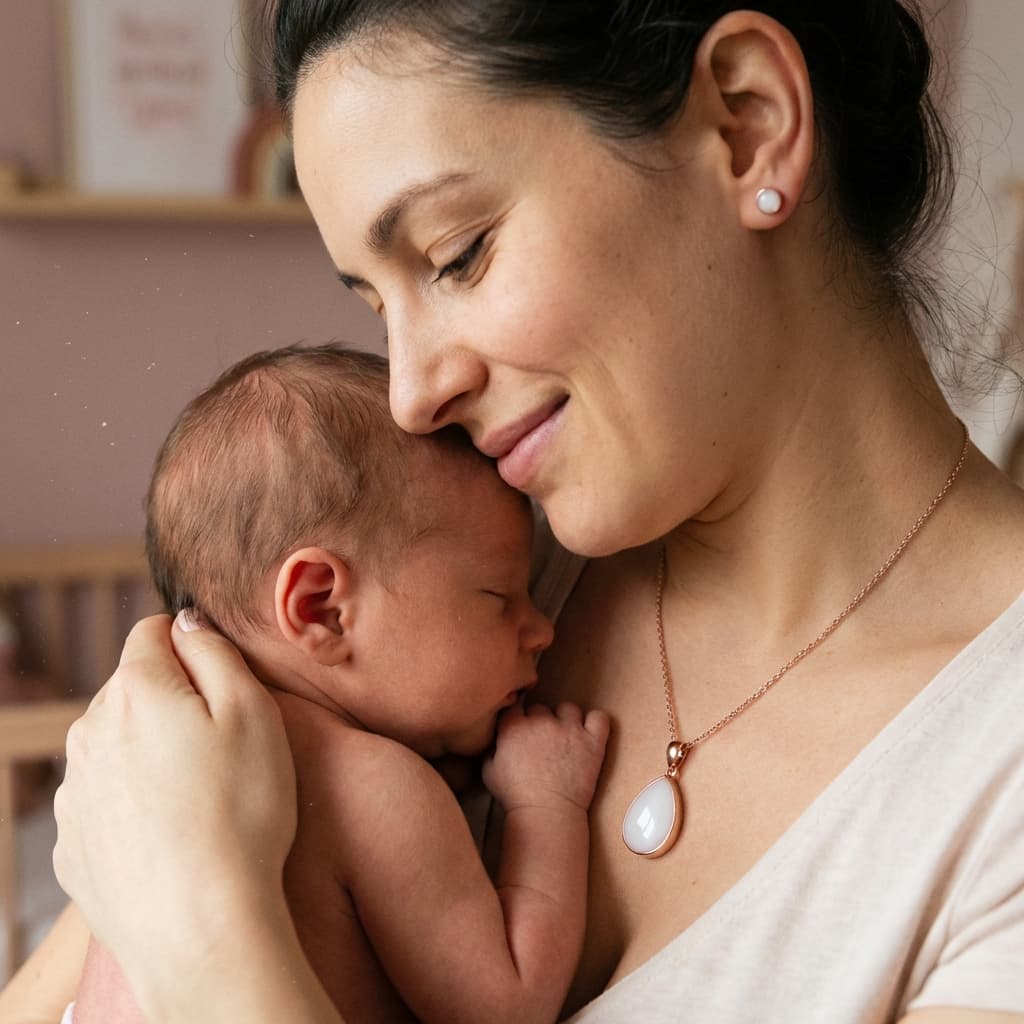 Mother cuddling a sleeping newborn while wearing a milky white teardrop pendant, showing why diy breastmilk jewellery is a meaningful at-home keepsake to preserve a breastfeeding memory.