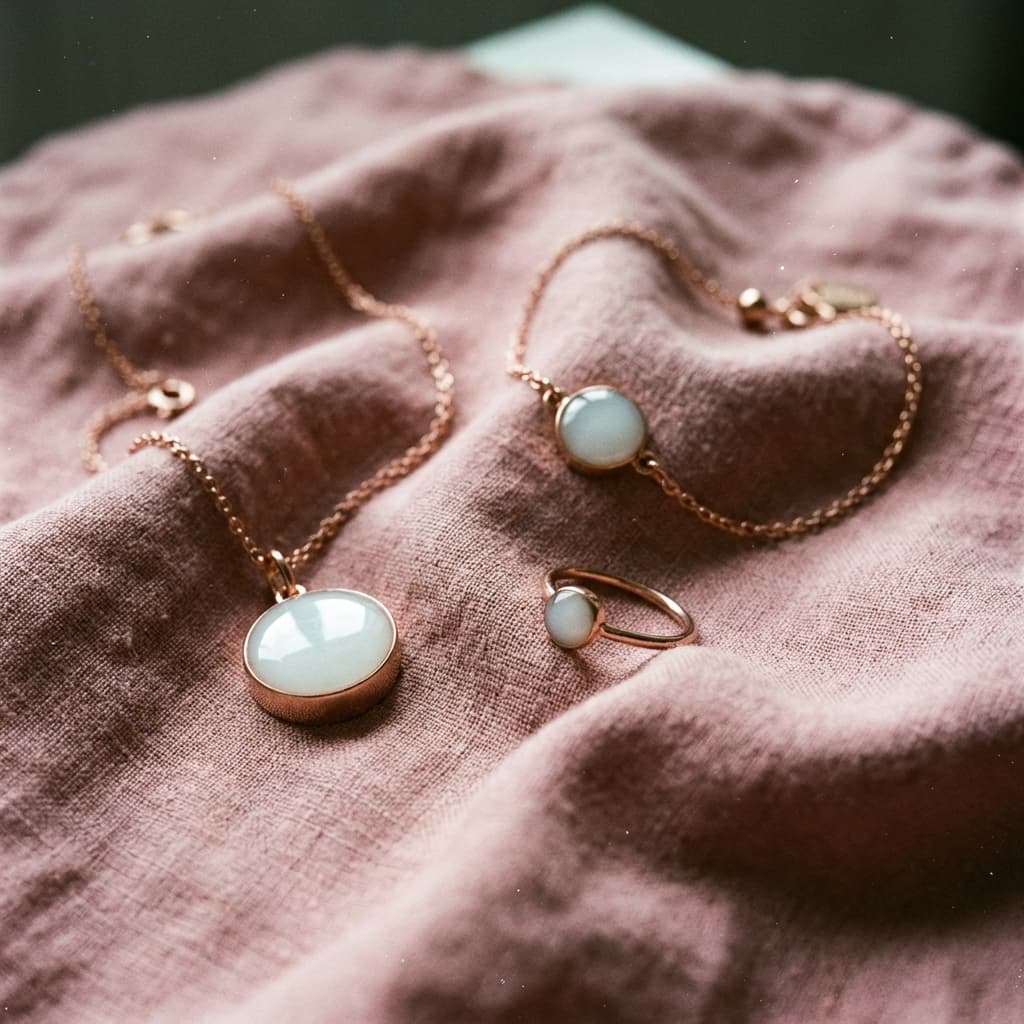 Minimalist display of a rose-gold necklace and ring with milky-white resin stones on soft pink fabric, showcasing diy breastmilk jewelry keepsake pieces.