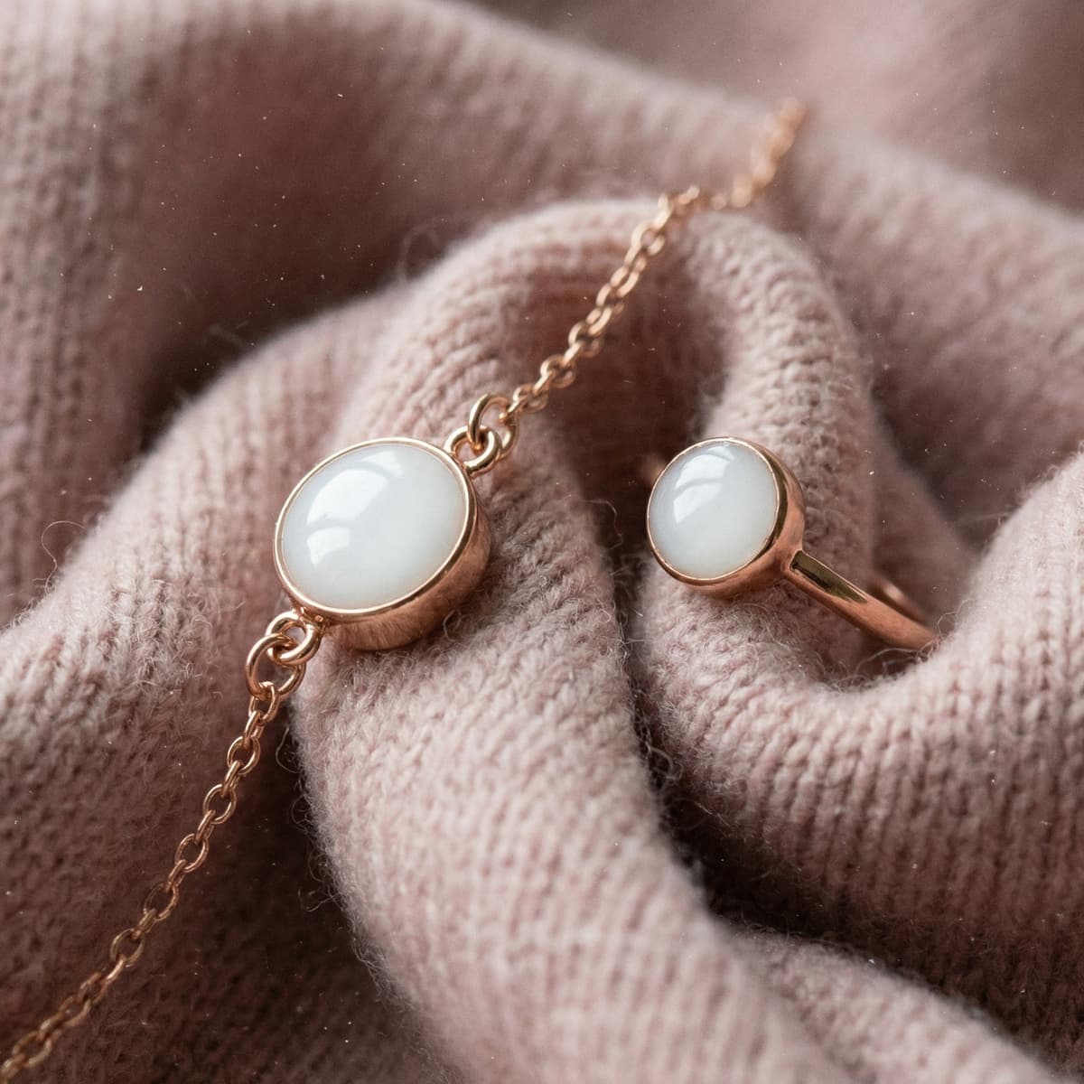 Rose gold ring and necklace with milky white resin stones displayed on soft knit fabric, showcasing elegant diy breastmilk jewelry keepsake pieces.