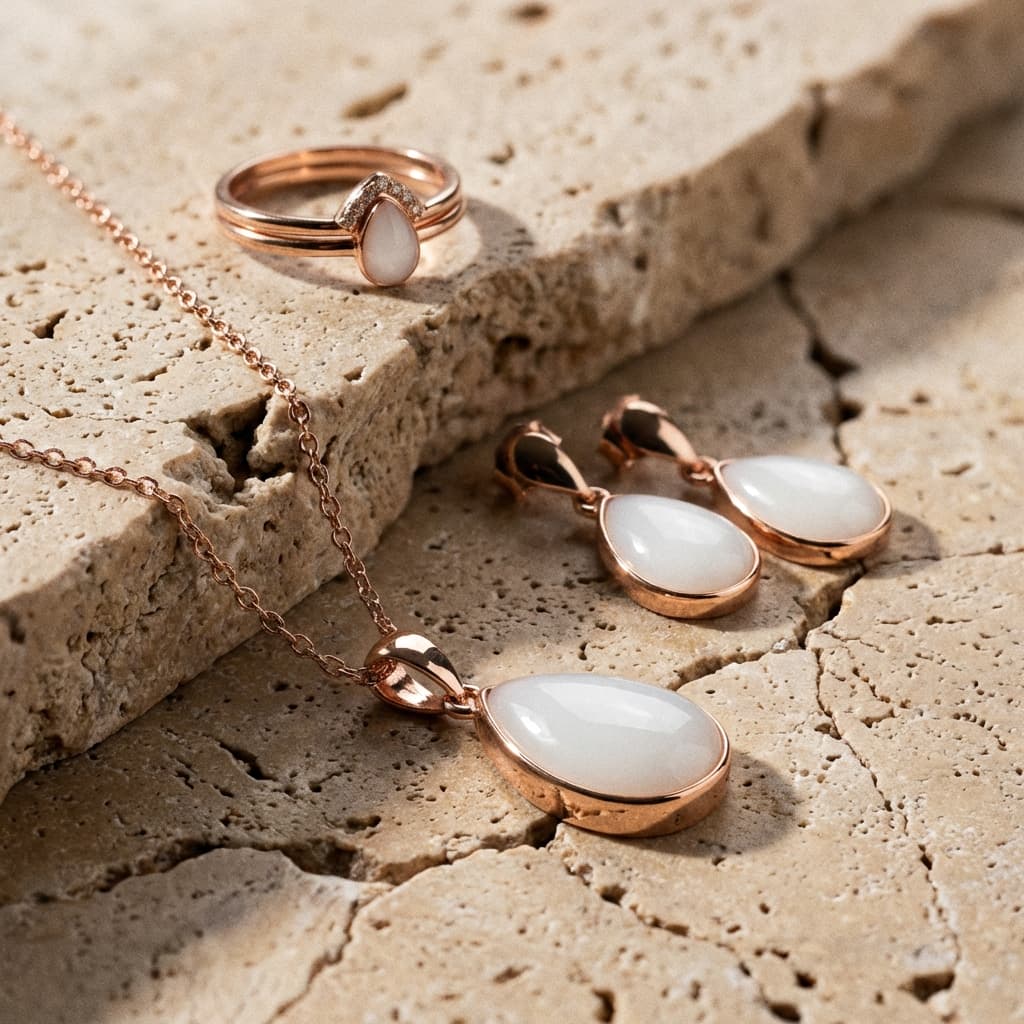 Rose gold-plated jewelry set for diy breastmilk jewelry, including a milky white teardrop ring, matching drop earrings, and an oval pendant necklace on a textured stone background.
