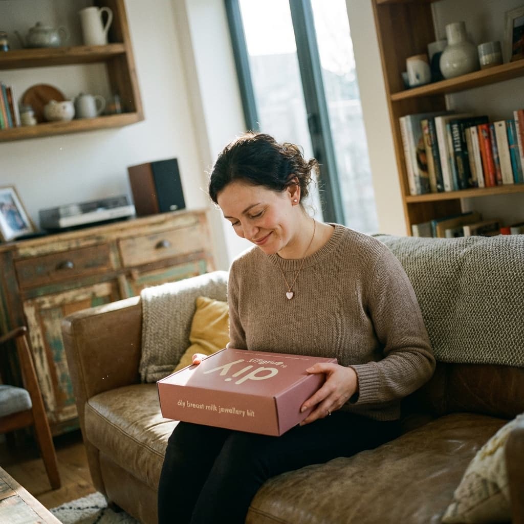 Mother smiling on a sofa holding a DIY by MILKIES kit box, showing why diy breastmilk jewelry is a convenient at-home way to create a personal keepsake.