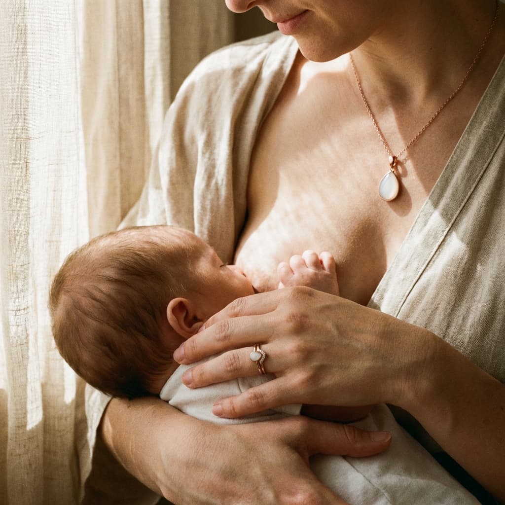 Mother breastfeeding her newborn by a sunlit window, wearing a teardrop pendant necklace and ring made with a diy breastmilk jewelry kit.