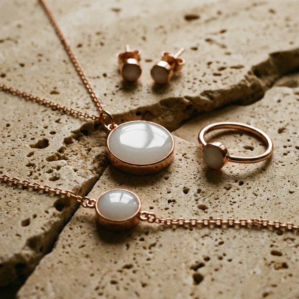 Rose-gold keepsake jewelry set with milky white resin stones—necklace pendants, stud earrings, and ring—made using a diy breastmilk jewelry kit.