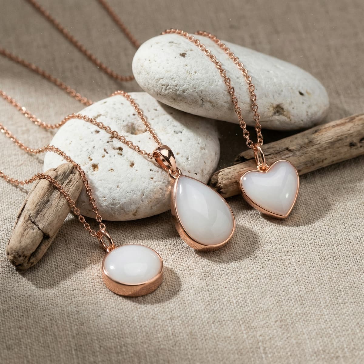 Rose gold heart, teardrop, and round pendants with milky white resin stones on chains, styled on natural stones and driftwood—ideal for a diy breastmilk necklace keepsake.