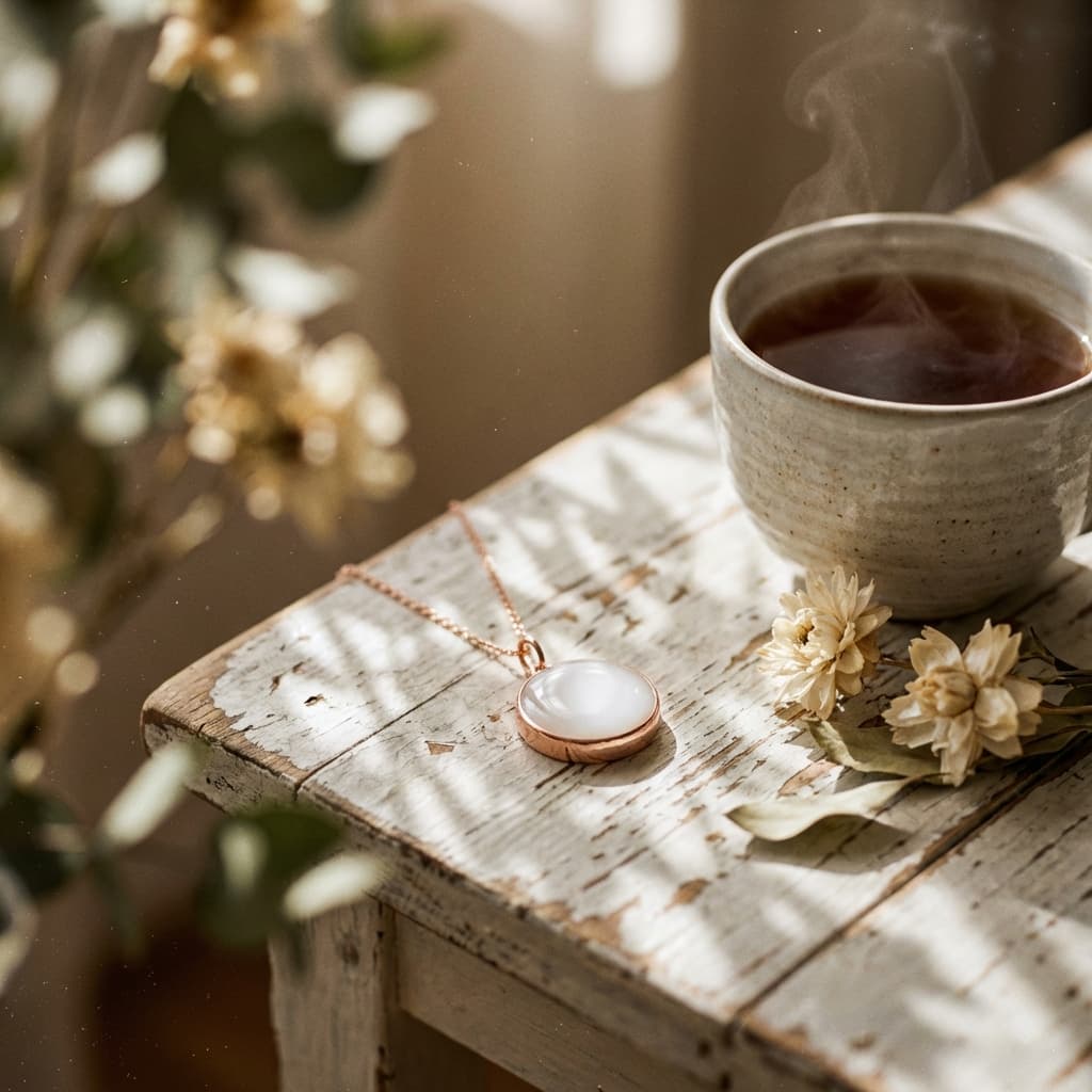 Rose gold pendant with a milky-white resin stone styled as a diy breastmilk necklace on a rustic wooden table beside a steaming coffee cup and dried flowers in soft natural light.