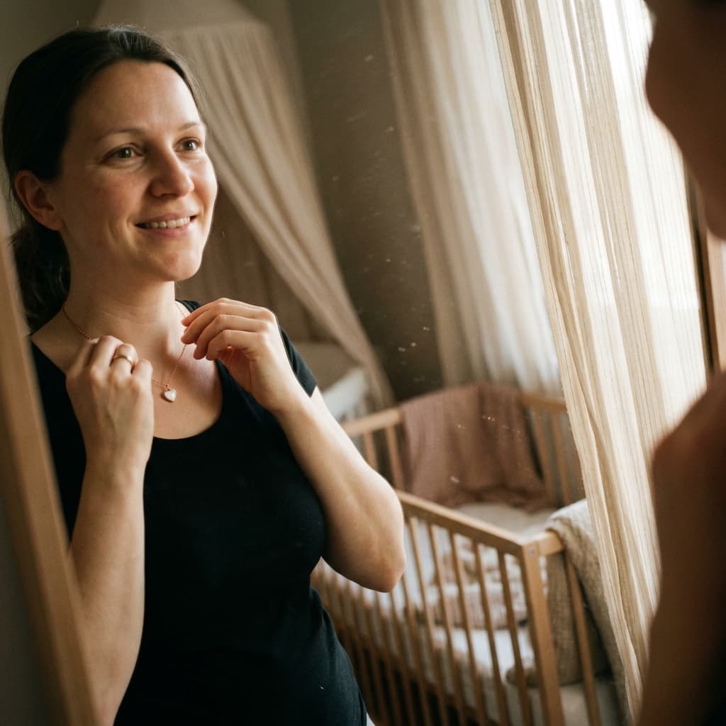 Mother in a nursery smiling while adjusting a heart pendant diy breastmilk necklace keepsake, with a baby crib in the background.