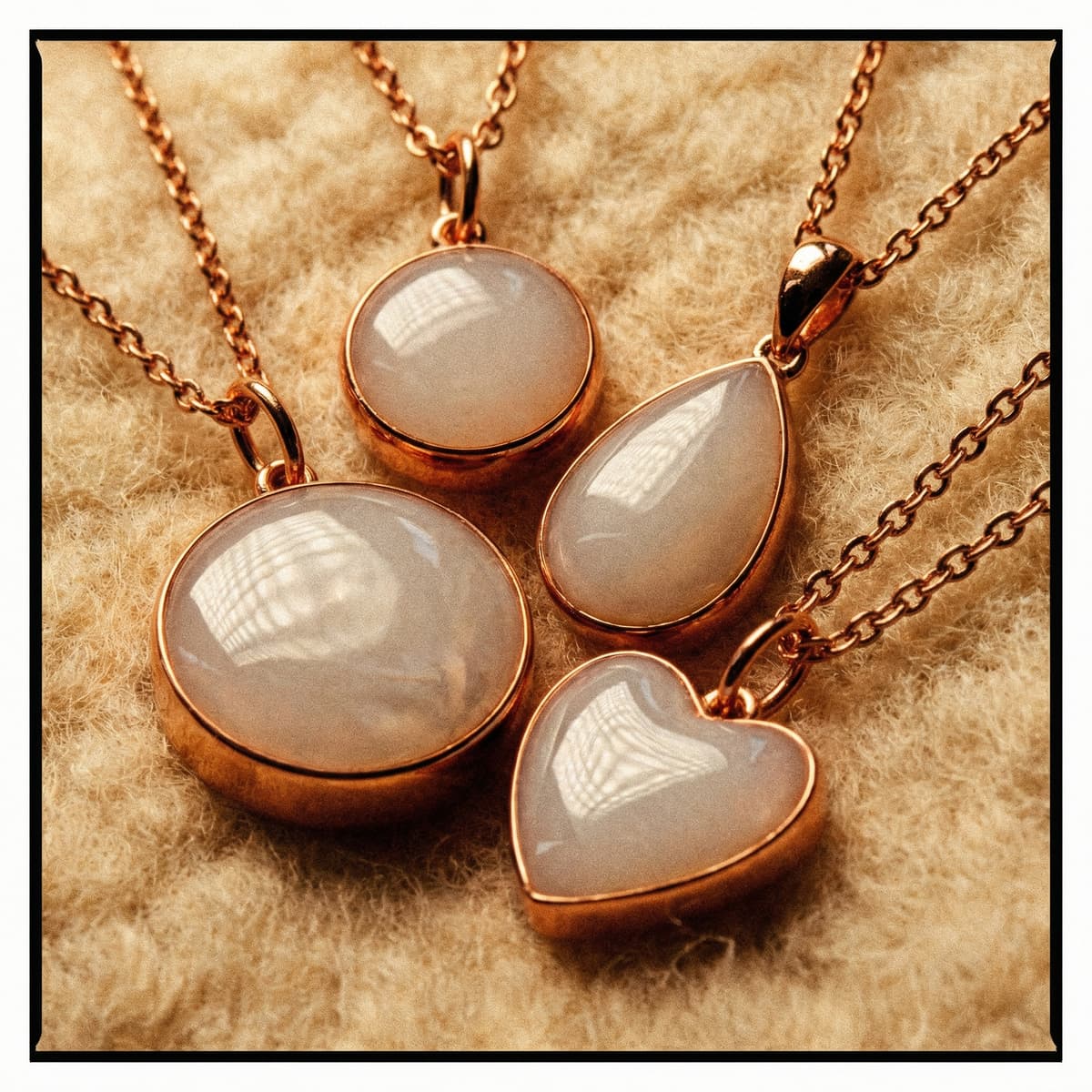 Rose gold keepsake pendants with milky white resin stones in heart, oval, round and teardrop shapes, showing finished pieces made with a diy breastmilk necklace kit on a soft beige background
