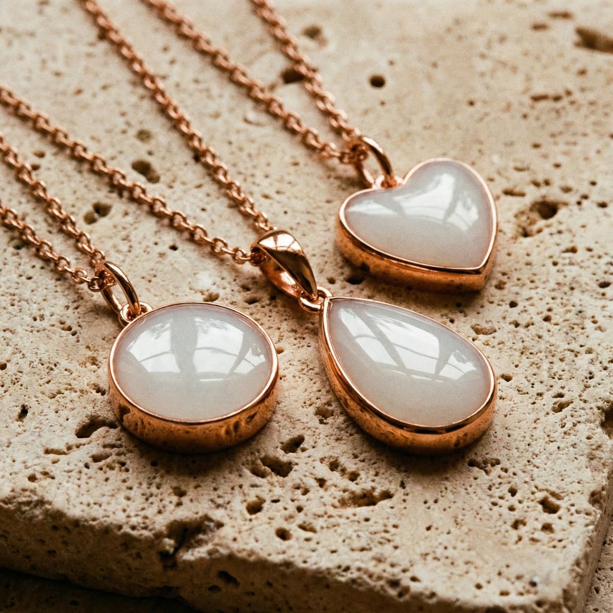 Rose-gold heart, teardrop, and round pendants with milky-white resin on textured stone, showcasing elegant keepsake jewelry for diy breastmilk necklaces.