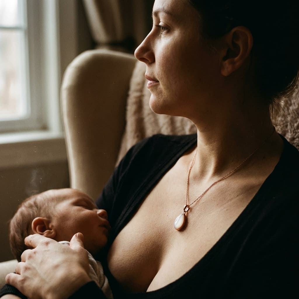 Mother breastfeeding a newborn by a window while wearing a teardrop pendant, showcasing diy breastmilk necklaces as a meaningful keepsake.