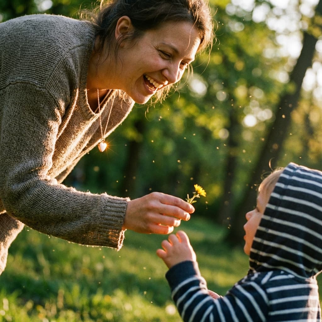Mother smiling in golden outdoor sunlight offering a small yellow flower to her child, wearing a heart pendant that evokes sentimental diy breastmilk necklaces keepsakes.