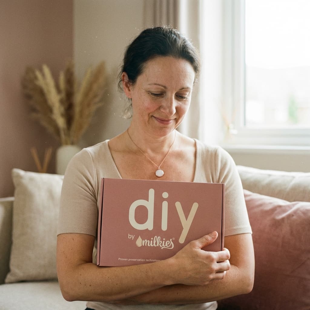 Woman at home holding a DIY by MILKIES kit box, showing why diy breastmilk necklaces are a meaningful, private way to create a keepsake at home using proven preservation technology.