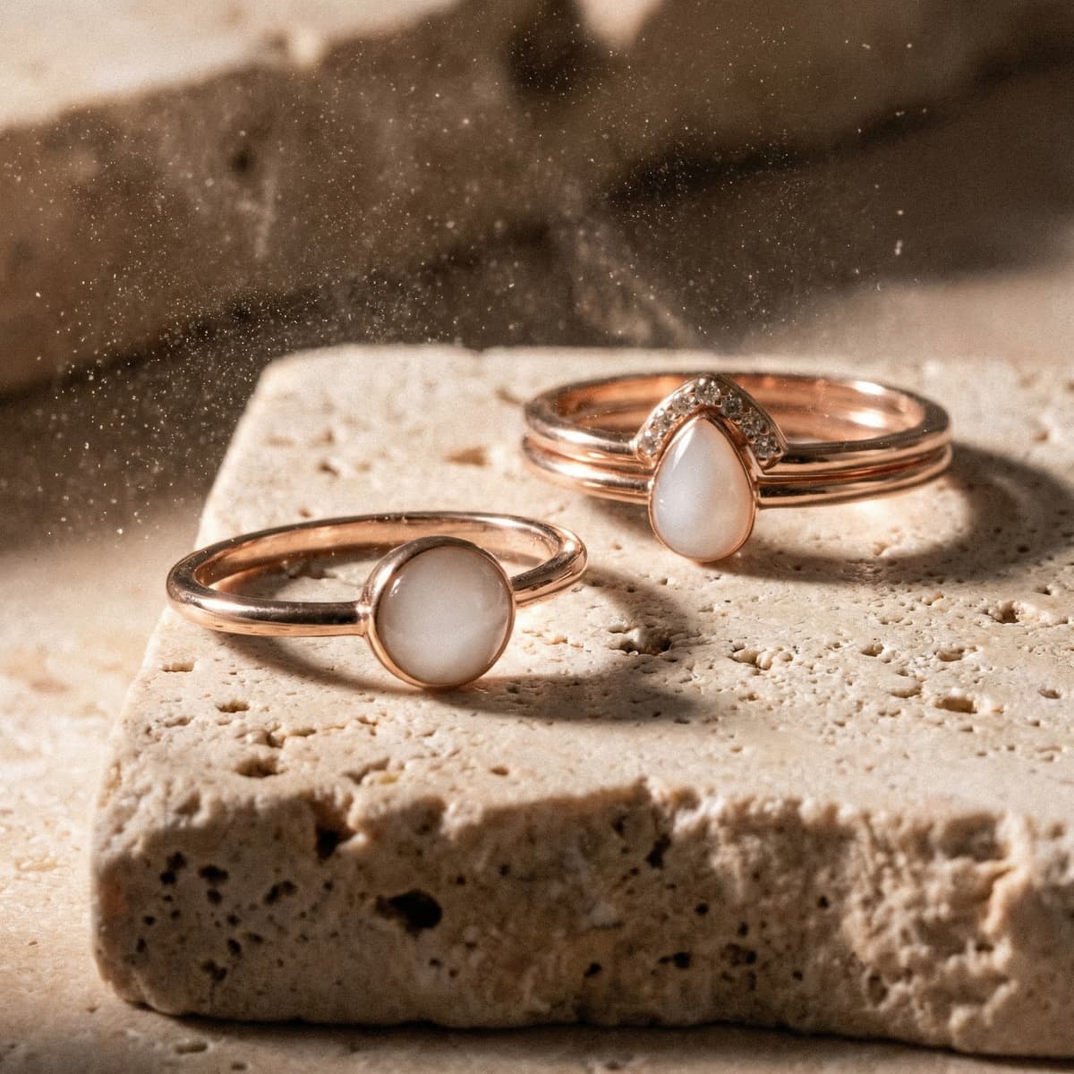 Rose gold rings featuring milky white resin stones—one teardrop halo and one round solitaire—showing a diy breastmilk ring keepsake style on a textured stone surface in warm light.