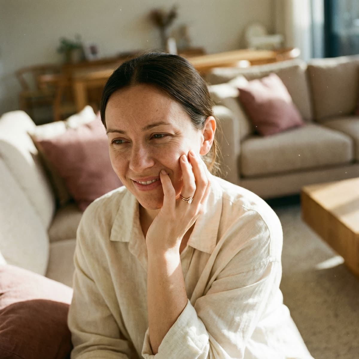 Smiling mom at home resting her cheek on her hand and showing a diy breastmilk ring, highlighting why a private at-home DIY by MILKIES keepsake kit is a meaningful way to preserve a personal memory.