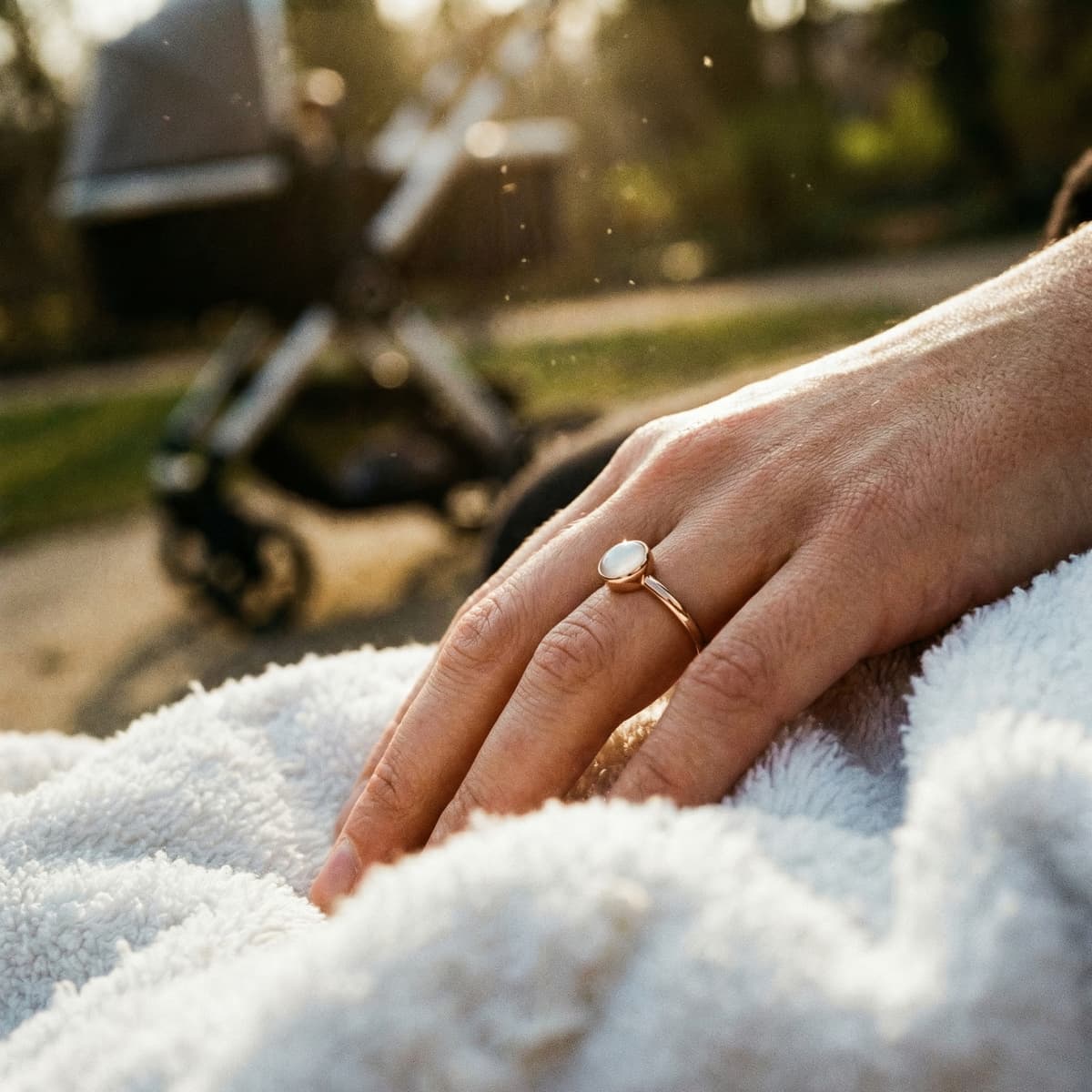 Close-up of a hand wearing a delicate gold ring with a milky white stone made using a diy breastmilk ring kit, resting on a soft baby blanket in warm outdoor sunlight.
