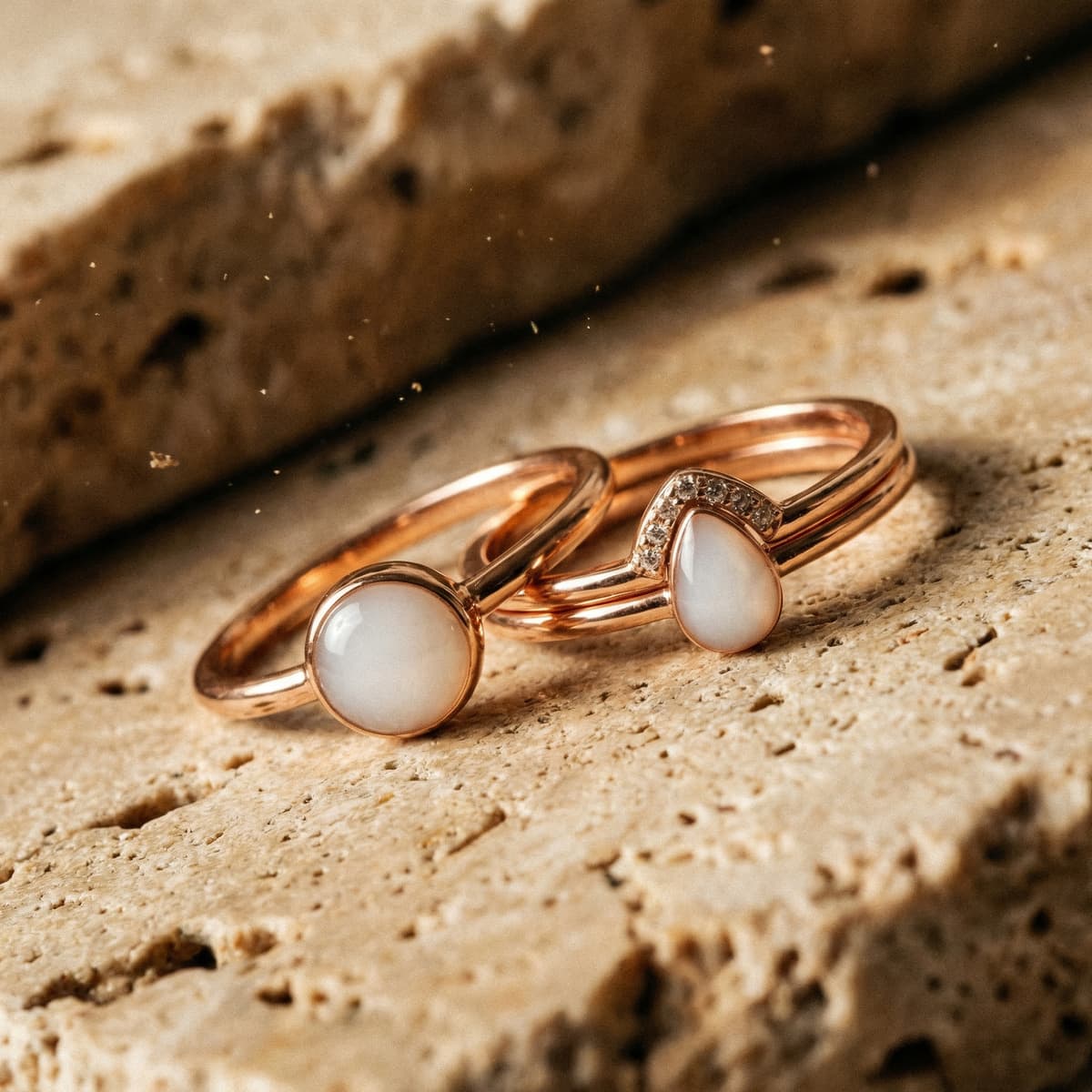 Rose-gold ring settings with milky-white stones displayed on textured rock, showing diy breastmilk rings keepsake jewelry made with a minimalist DIY by MILKIES style.