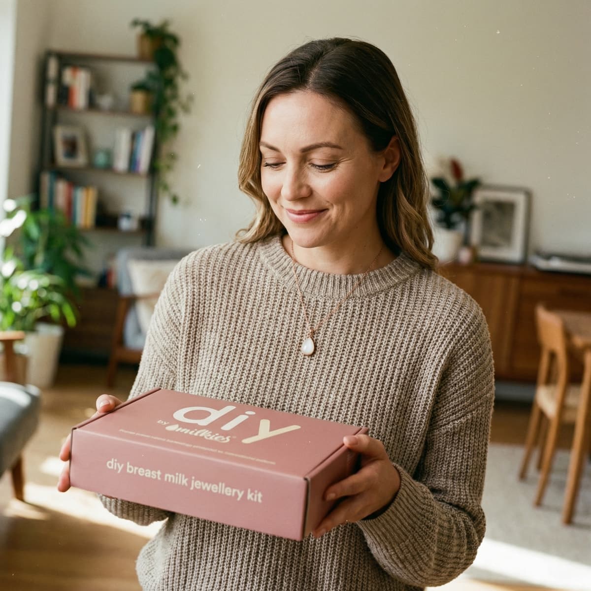 Smiling mom holding a DIY by MILKIES breast milk jewelry kit box, showing an at-home keepsake option for mothers who want a private alternative to drying up milk