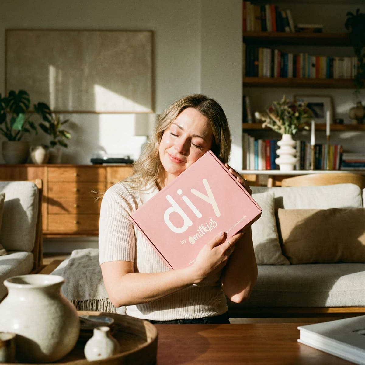 Mom in a cozy living room hugging a pink DIY by MILKIES breastmilk keepsake kit box, showing why an easy at-home kit makes a meaningful end of breastfeeding gift.