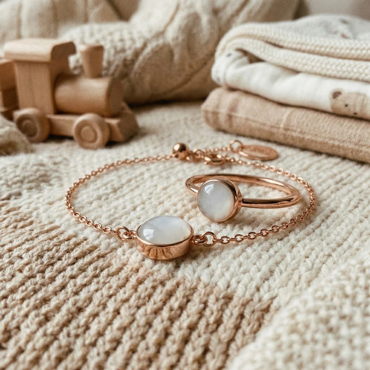 Rose-gold bracelet and ring with milky white resin stones on a knitted blanket beside baby clothes and wooden toys, a sentimental gift for new mom keepsake jewelry.