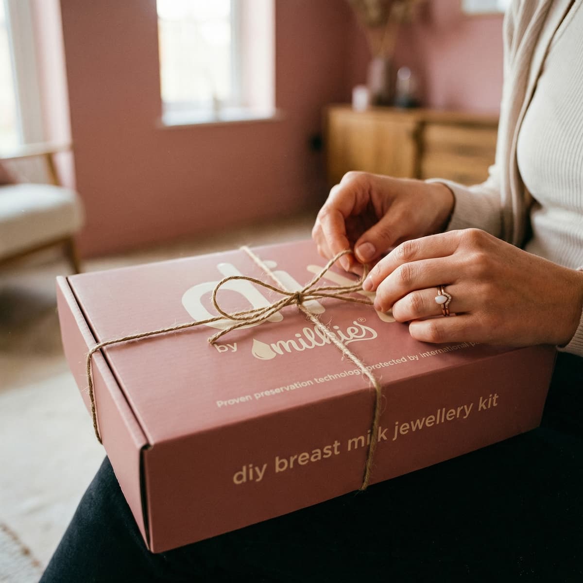 New mom tying twine around a DIY by MILKIES breast milk jewellery kit box, creating a heartfelt gift for new mom to make a keepsake at home.