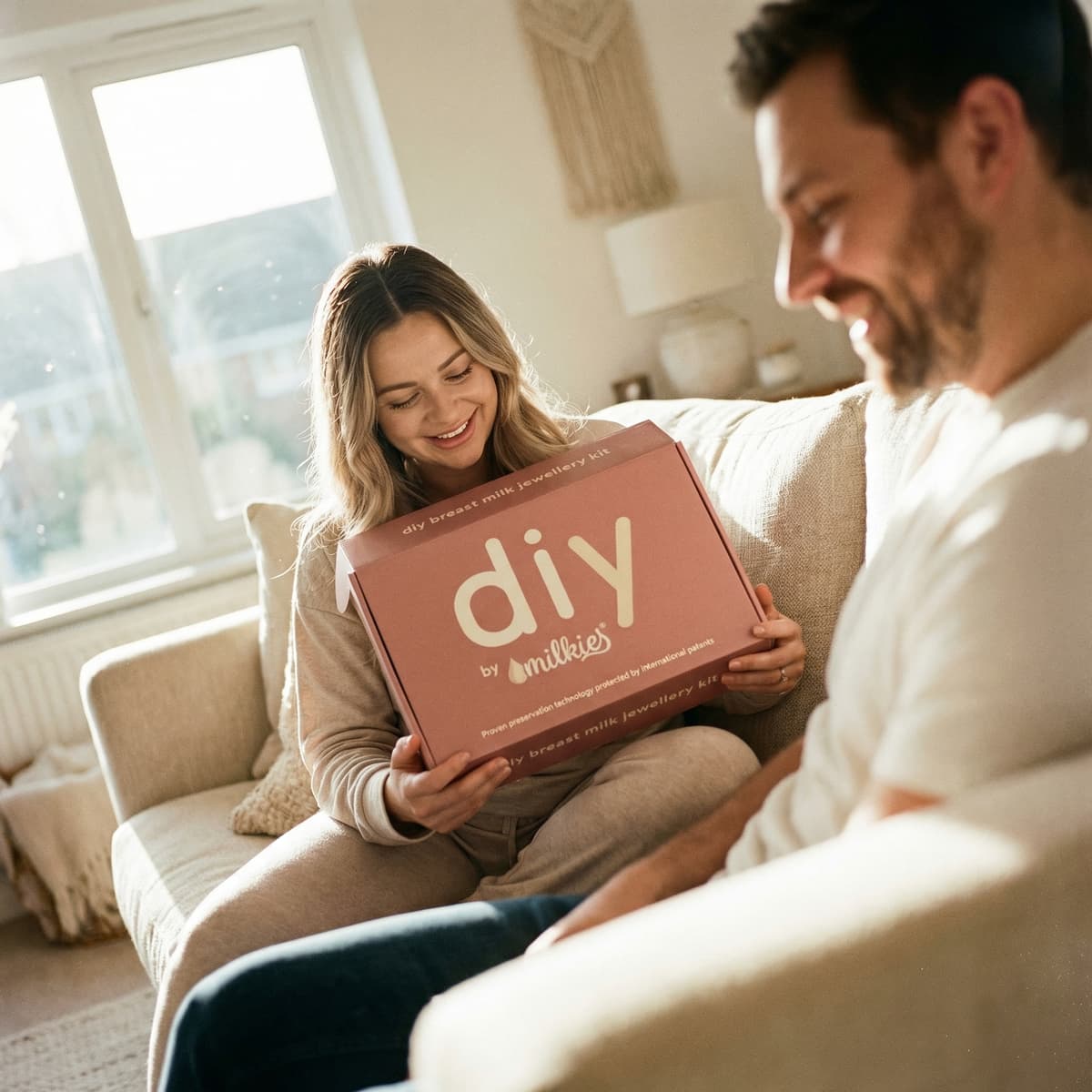Cozy living-room scene of a smiling mom opening the DIY by MILKIES breast milk jewellery kit box, a meaningful gift for new mom that shows why making a keepsake at home is a great idea.