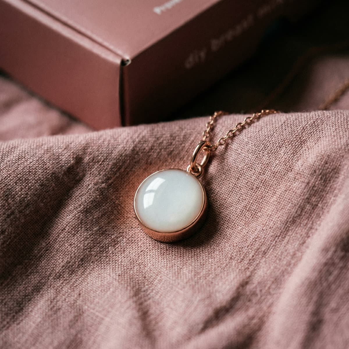 Rose gold pendant necklace with a milky white resin stone on soft pink fabric, a meaningful keepsake gift for new mother