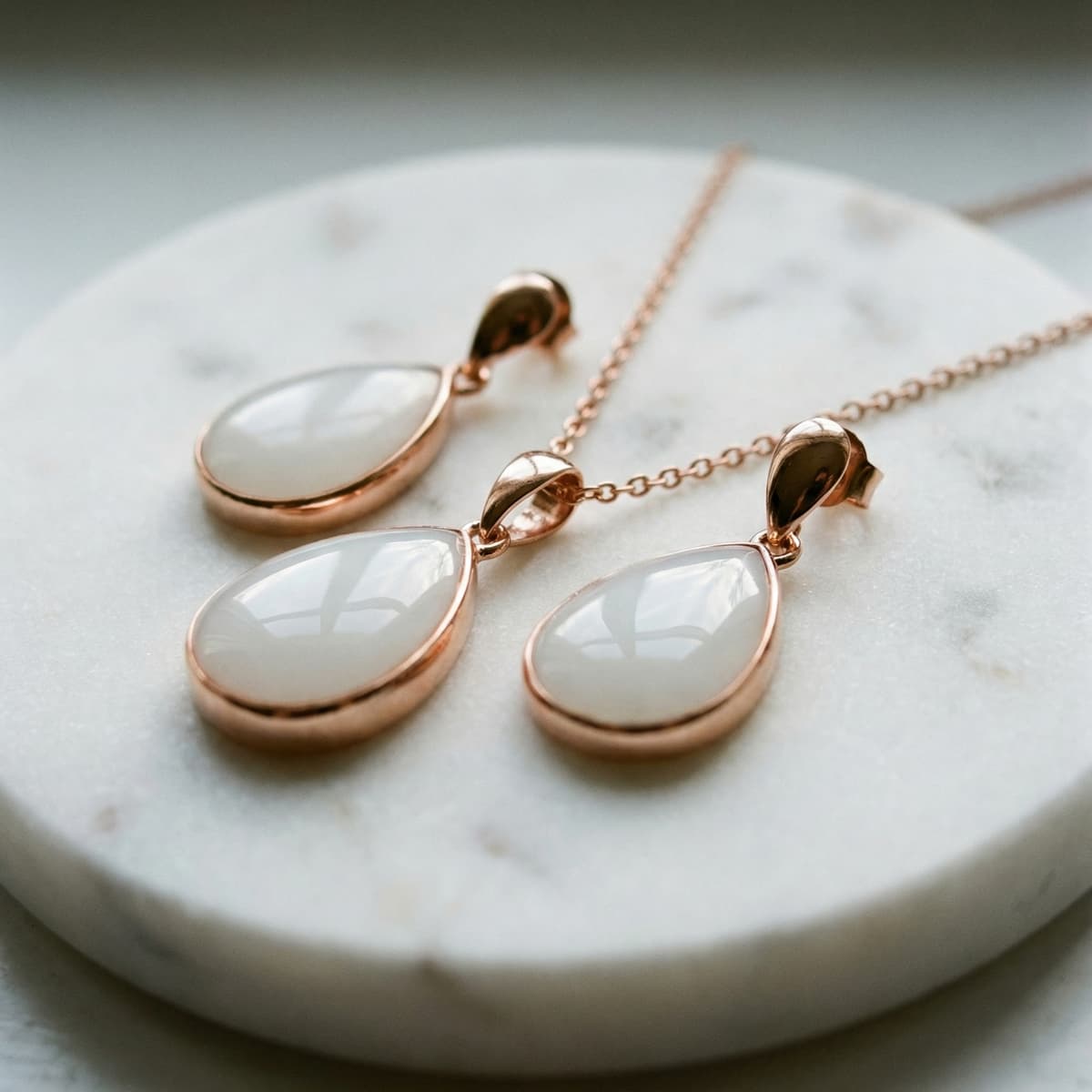 Rose gold teardrop breastmilk keepsake jewelry set, a meaningful gift for new mother, featuring matching earrings and necklace with milky-white resin stones displayed on a marble tray.