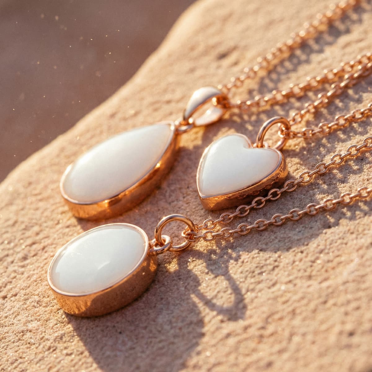 Gold-plated breastmilk keepsake jewelry featuring glossy white resin stones in oval and heart pendants on fine chains, styled in warm sunlight for an elegant golden boobs memorial look