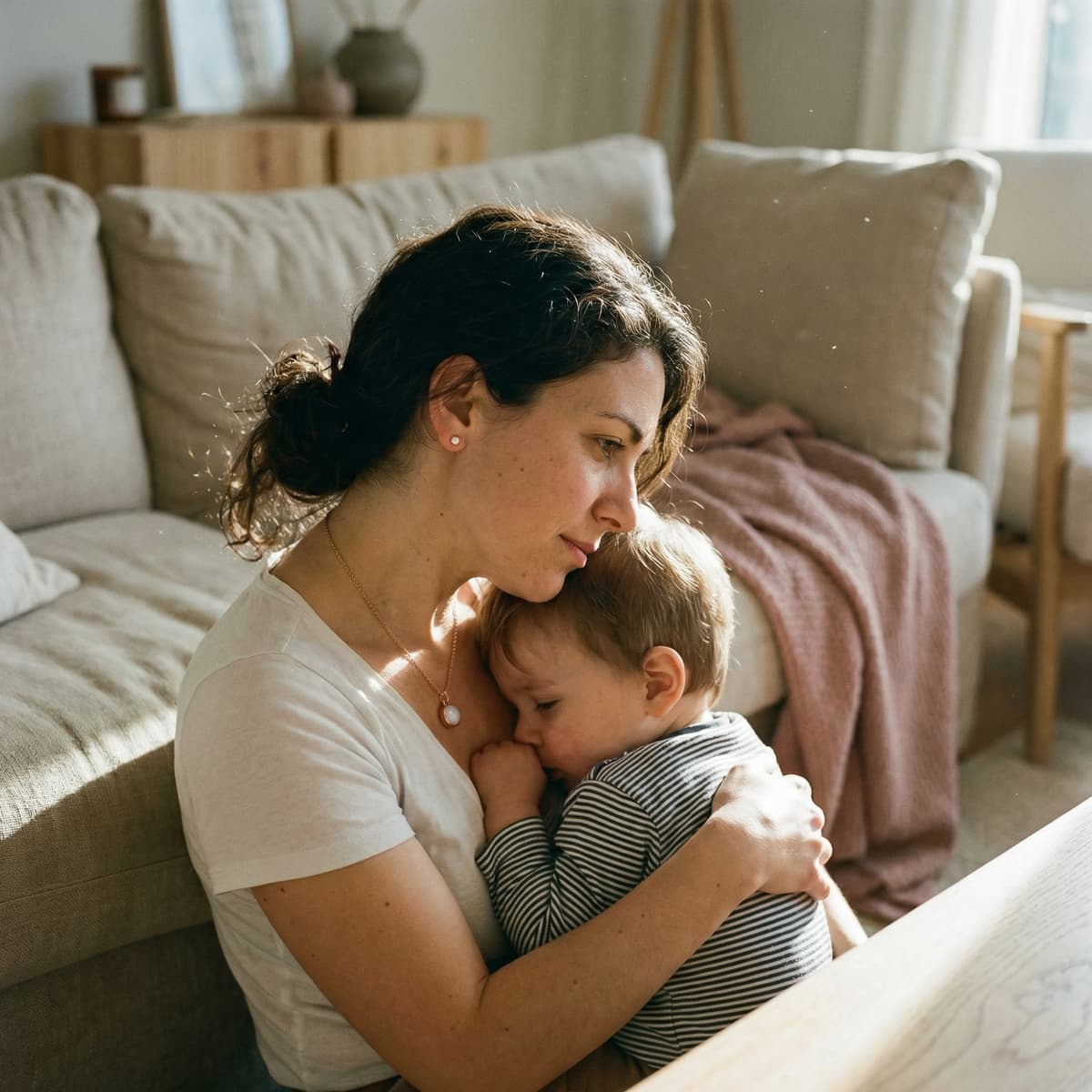 Sunlit living room scene of a mother cuddling her sleeping baby after nursing, capturing a tender last feed keepsake moment.