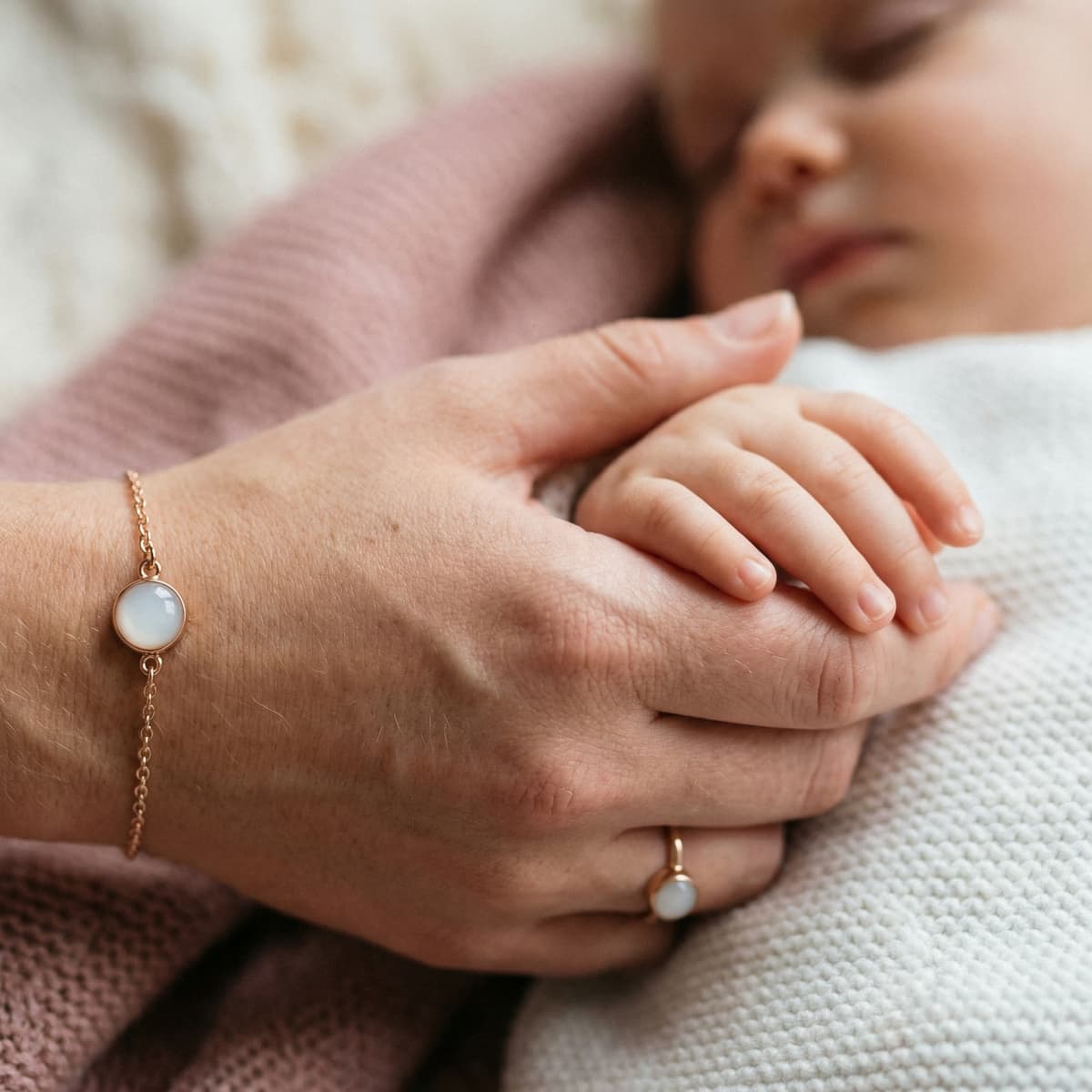 Mother gently holding baby’s hand in soft light, wearing a delicate gold bracelet and ring with milky white stones—a sentimental last feed keepsake jewelry moment.