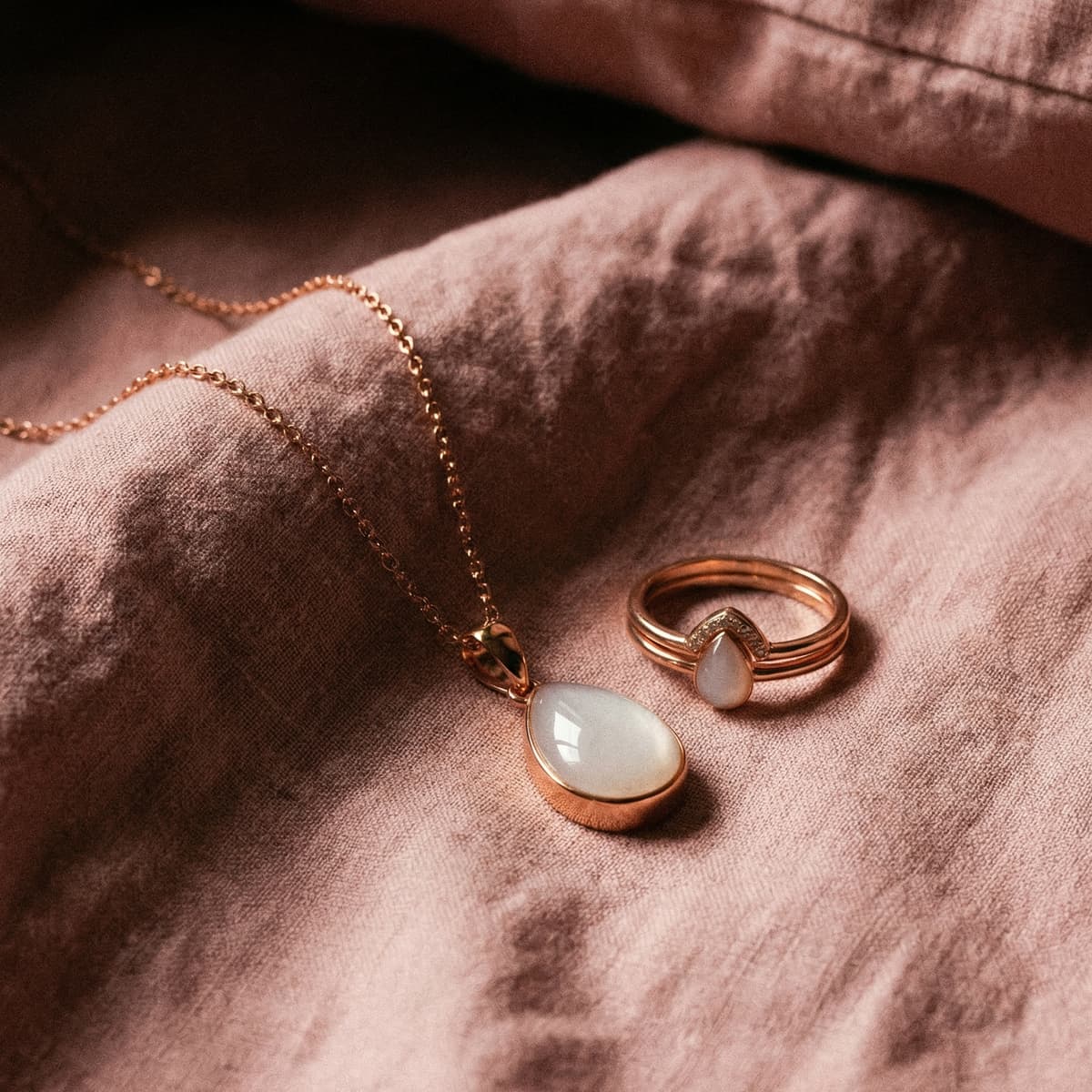 Rose-gold breastmilk keepsake necklace pendant and matching ring on soft blush fabric, a meaningful memento celebrating the last latch journey.