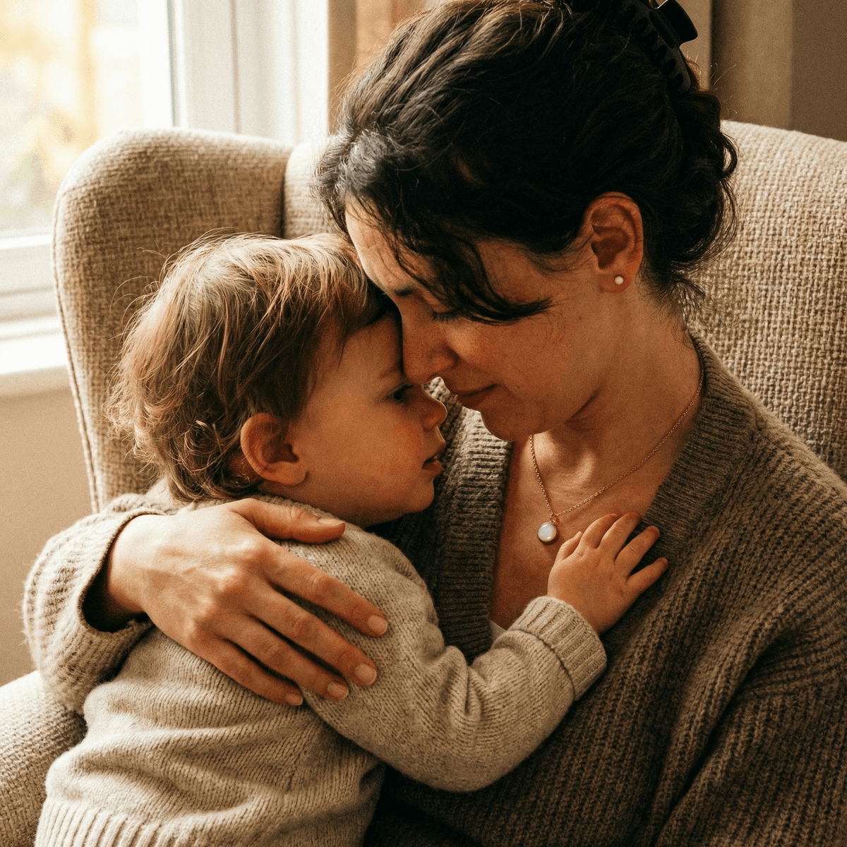 Mother cuddling her toddler in a cozy armchair by a window, sharing a tender last latch moment while wearing a pearl-like keepsake necklace.