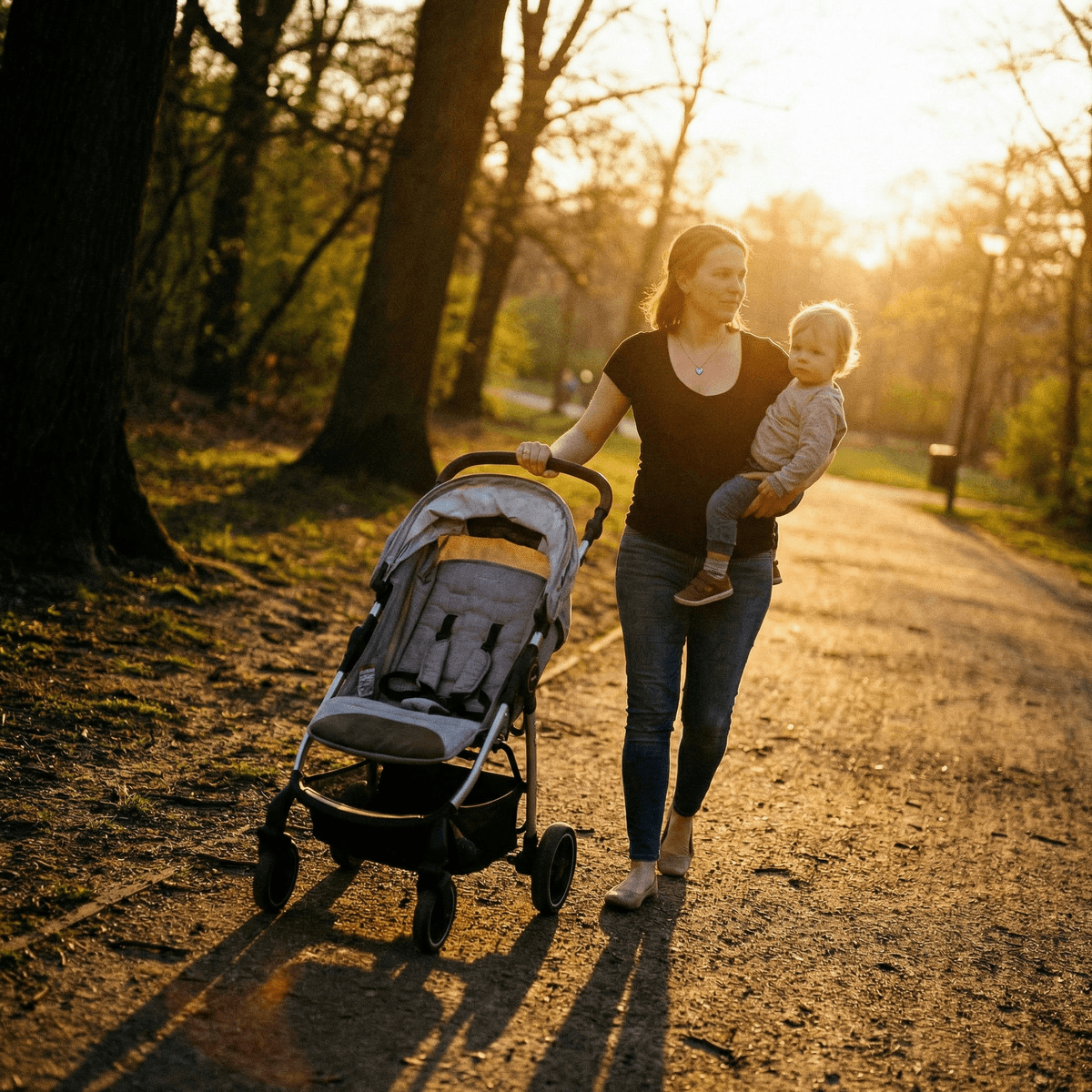 Mother holding a toddler while pushing a stroller along a sunlit park path at golden hour, capturing the calm emotion of a last latch moment in motherhood.
