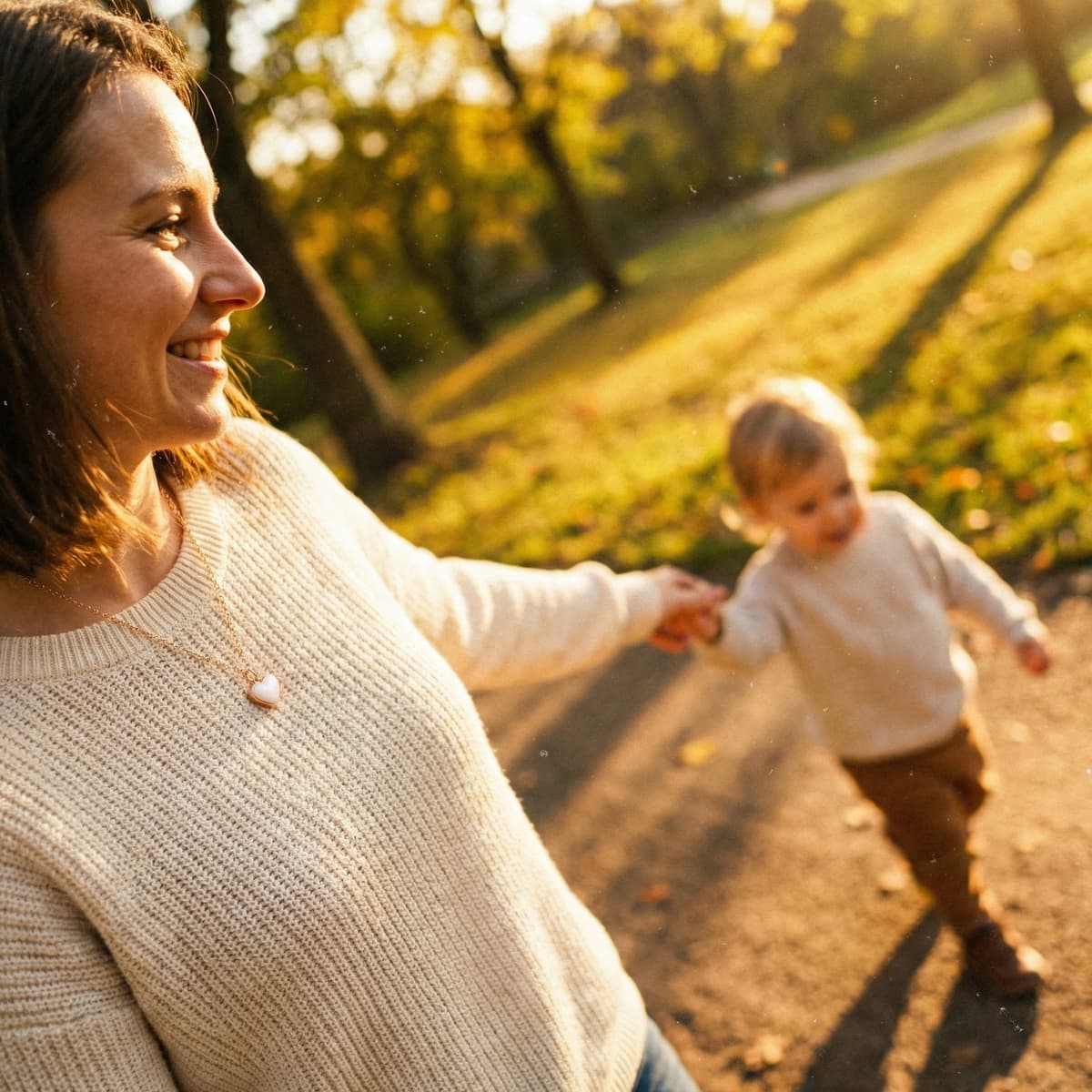 Smiling mother in a cozy sweater holding her toddler’s hand on a sunlit autumn path, wearing a heart-shaped necklace as a last latch keepsake.