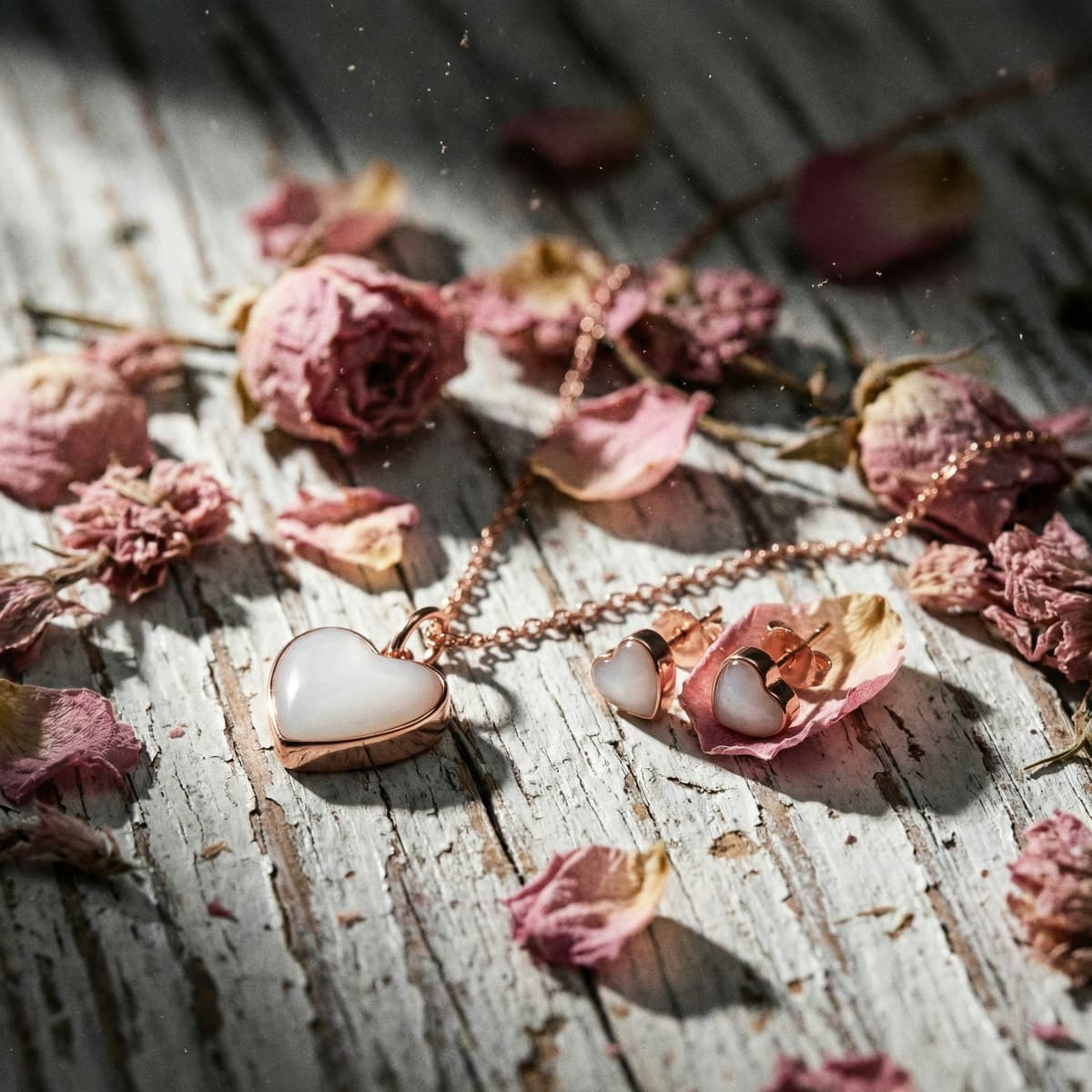 Rose-gold heart necklace and matching heart stud earrings with milky-white resin on a rustic wooden surface with dried rose petals, a delicate last latch keepsake jewelry set.
