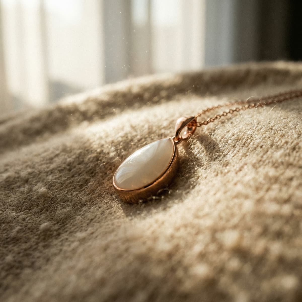 Rose gold oval pendant necklace with a milky white resin centerpiece on a soft blanket in warm sunlight, a last latch keepsake breastmilk jewelry memento.