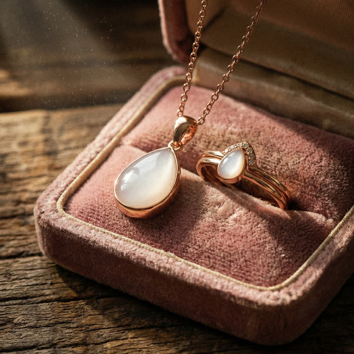 Rose gold teardrop pendant necklace and matching ring with a milky white milk keepsake stone in a pink velvet jewelry box on a rustic wooden surface.