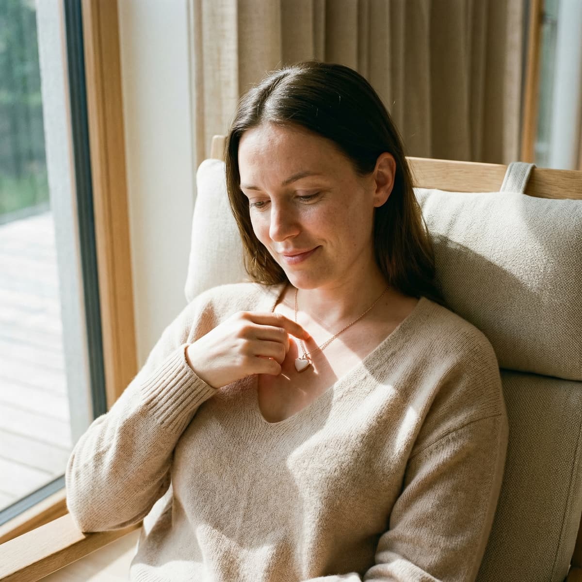 Woman relaxing in a sunlit armchair touching a heart-shaped pendant, symbolizing why making a milk keepsake at home is a meaningful way to preserve motherhood memories.