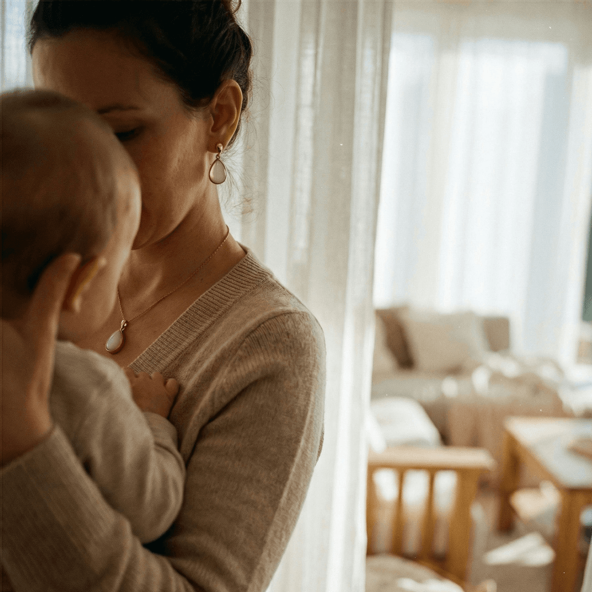 Mother holding her baby in a warm, sunlit room, wearing a delicate teardrop necklace and earrings as a meaningful motherhood keepsake