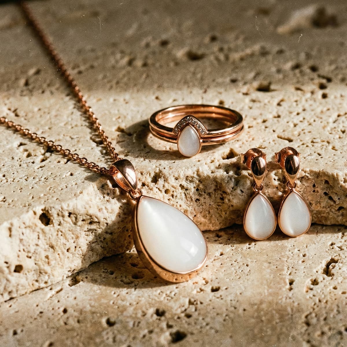 Rose gold necklace, ring, and teardrop earrings with milky-white stones displayed on textured beige rock, showcasing a delicate motherhood keepsake jewelry set.