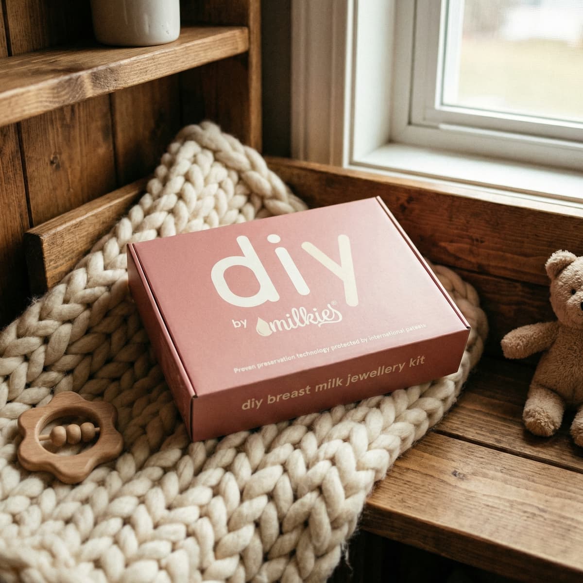 DIY by MILKIES breast milk jewelry kit on a chunky knit blanket by a window, a thoughtful option for new mom gifts and DIY keepsake jewelry at home