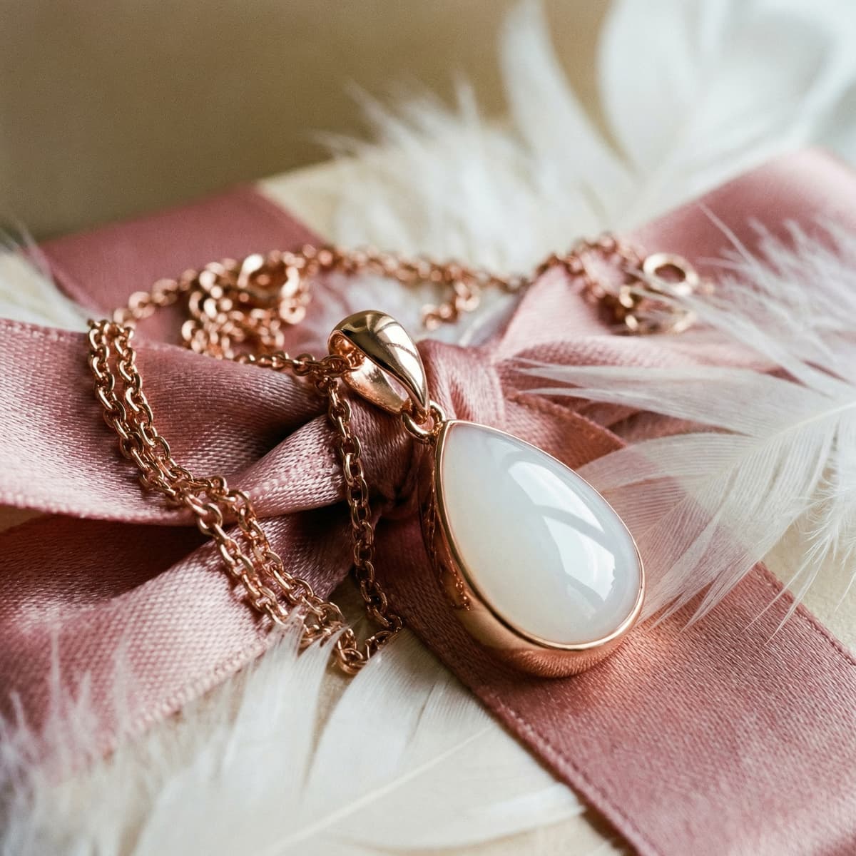 Rose gold teardrop pendant necklace with a milky white stone on a pink satin ribbon and soft white feathers, an elegant keepsake idea for new mom gifts.