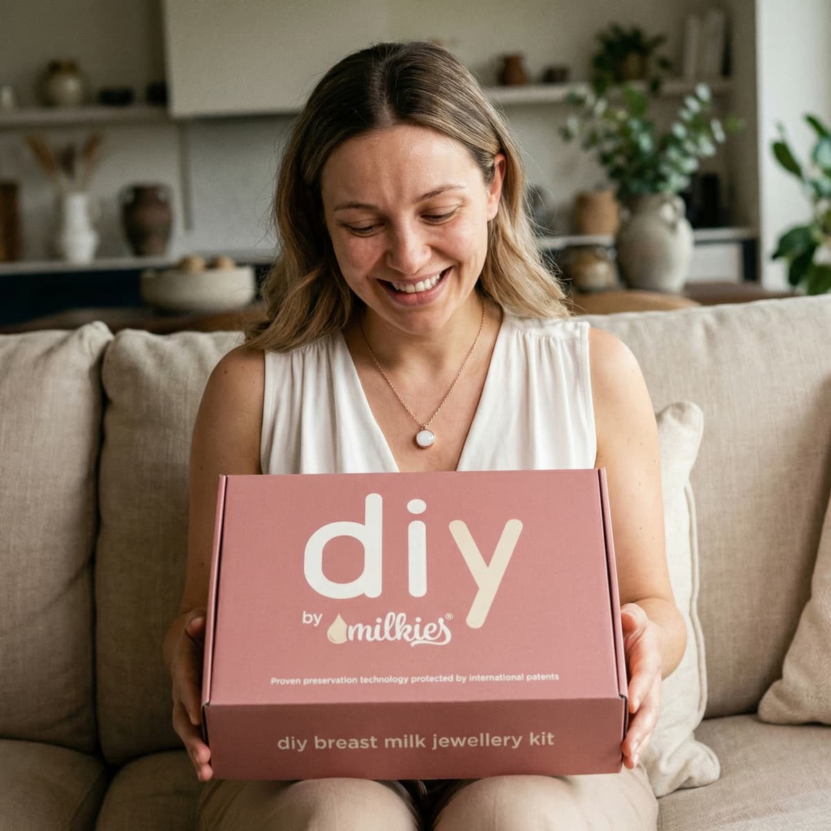 Smiling mom sitting on a sofa holding a pink DIY by MILKIES breast milk jewellery kit box, highlighting meaningful new mom gifts and why an at-home keepsake kit is a smart choice for preserving breastmilk memories.