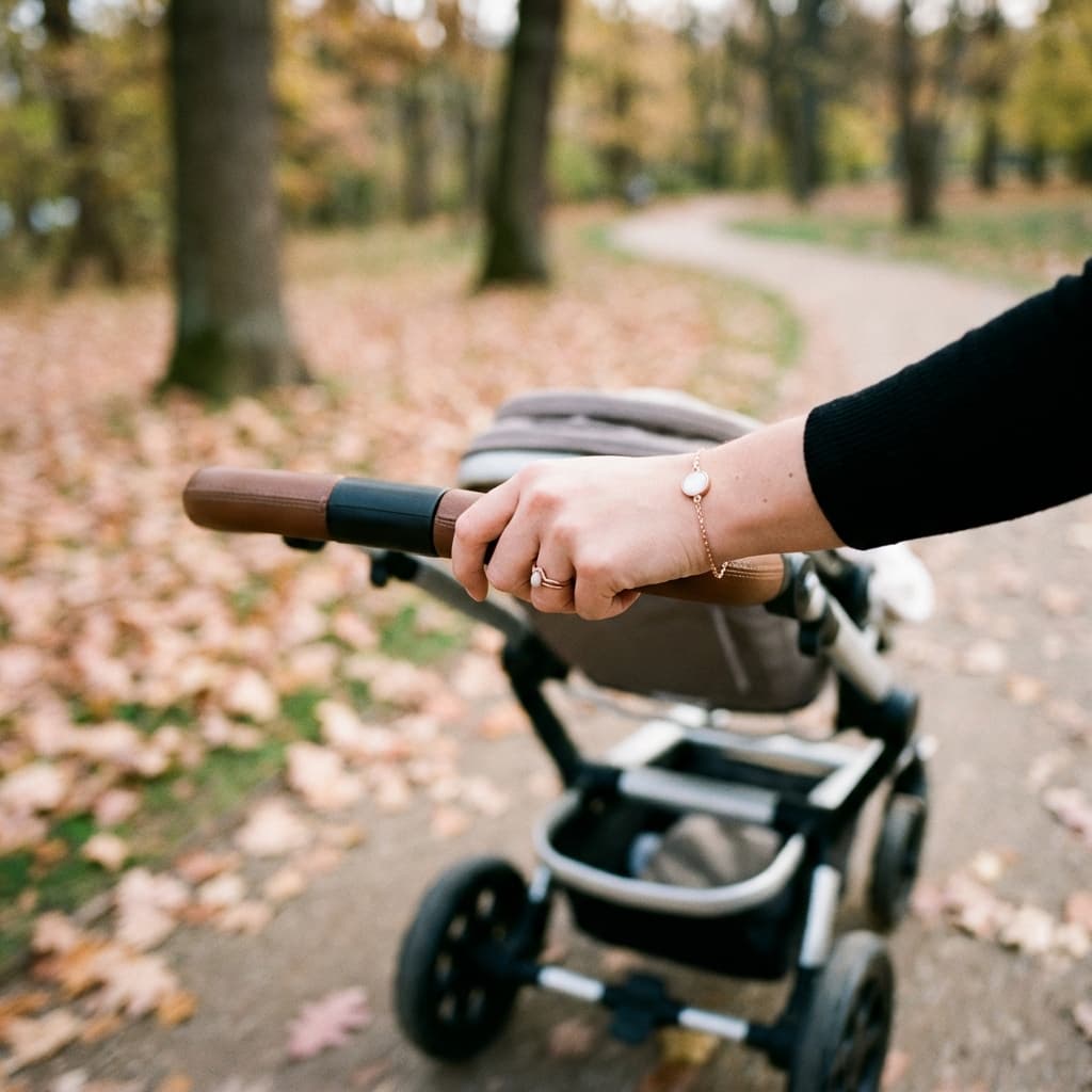 Hand wearing a delicate bracelet featuring a round white stone nursing jewelry keepsake while pushing a baby stroller along a tree-lined park path in autumn