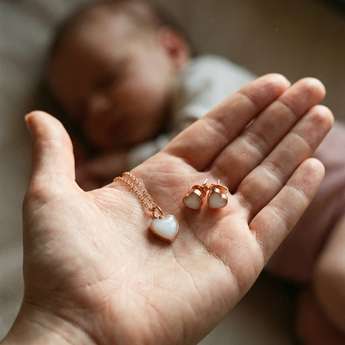 Mother’s hand holding a rose-gold heart nursing keepsake set with a breastmilk pendant necklace and matching heart stud earrings, with a sleeping newborn softly blurred in the background.