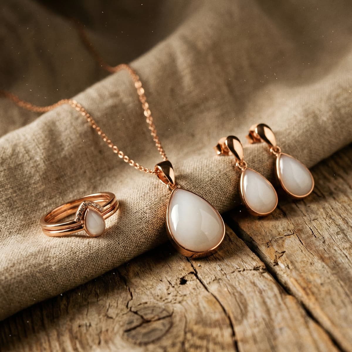 Rose gold breastmilk jewelry set featuring a teardrop pendant necklace, matching drop earrings, and a ring displayed on a rustic wooden surface as an elegant nursing keepsake for moms.