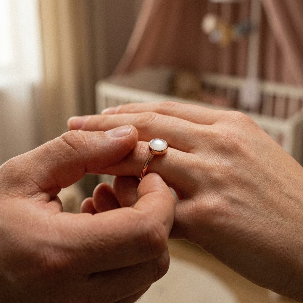 Hands place a delicate gold ring with a milky white stone onto a woman’s finger in a cozy nursery, a meaningful push gift keepsake for new moms.