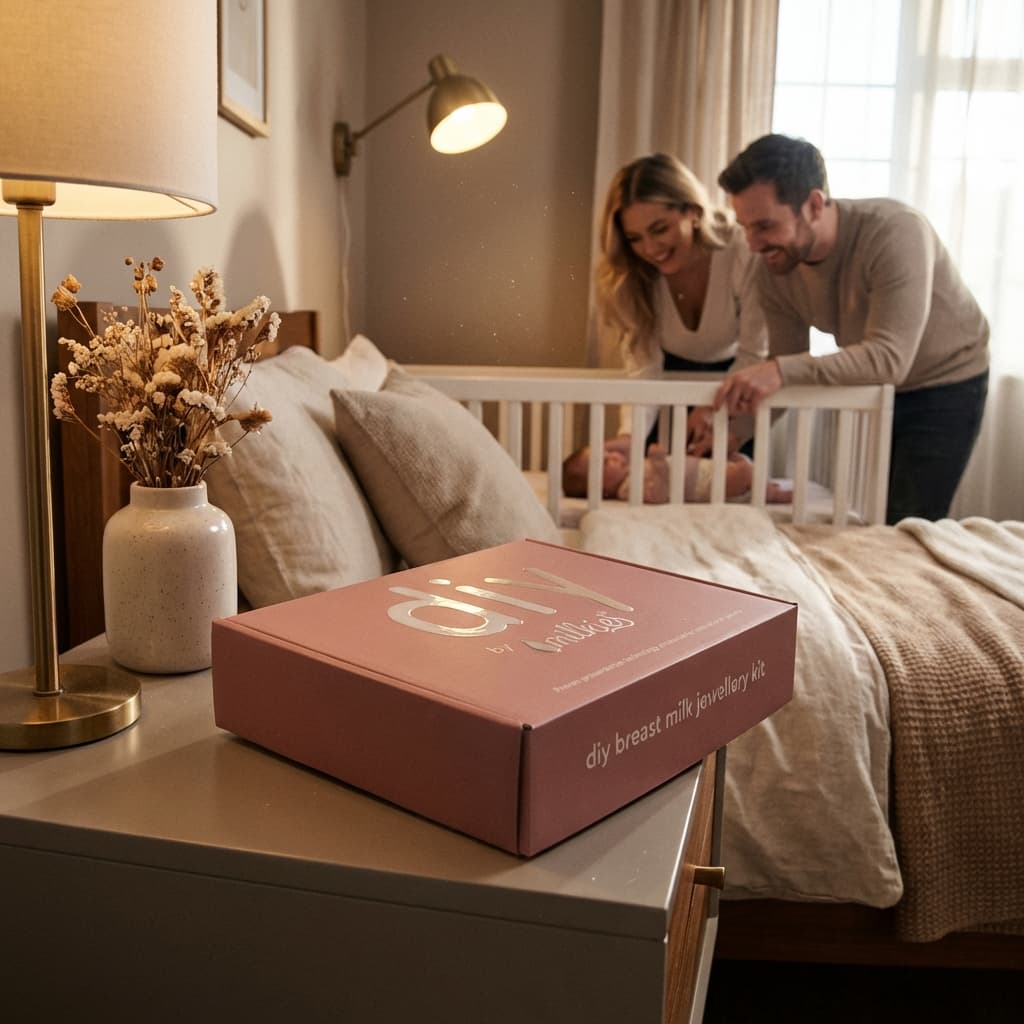 Couple leaning over a baby’s crib in a cozy nursery, with a DIY by MILKIES breast milk jewellery kit box on the bedside table as a meaningful push gift for new parents.