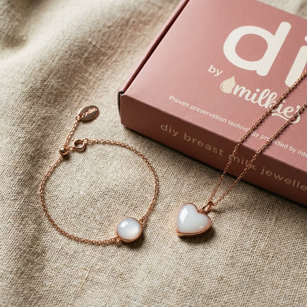 DIY by MILKIES push gift breastmilk jewelry kit packaging showing a rose-gold heart necklace and matching bracelet with milky-white resin stones on linen fabric