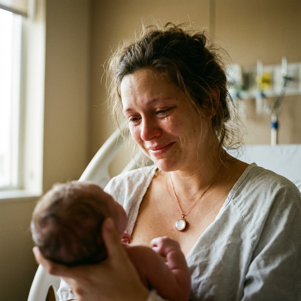 New mom in a hospital room holding her newborn while wearing a keepsake necklace, showing why a DIY by MILKIES breastmilk kit makes a meaningful push gift to preserve the moment.