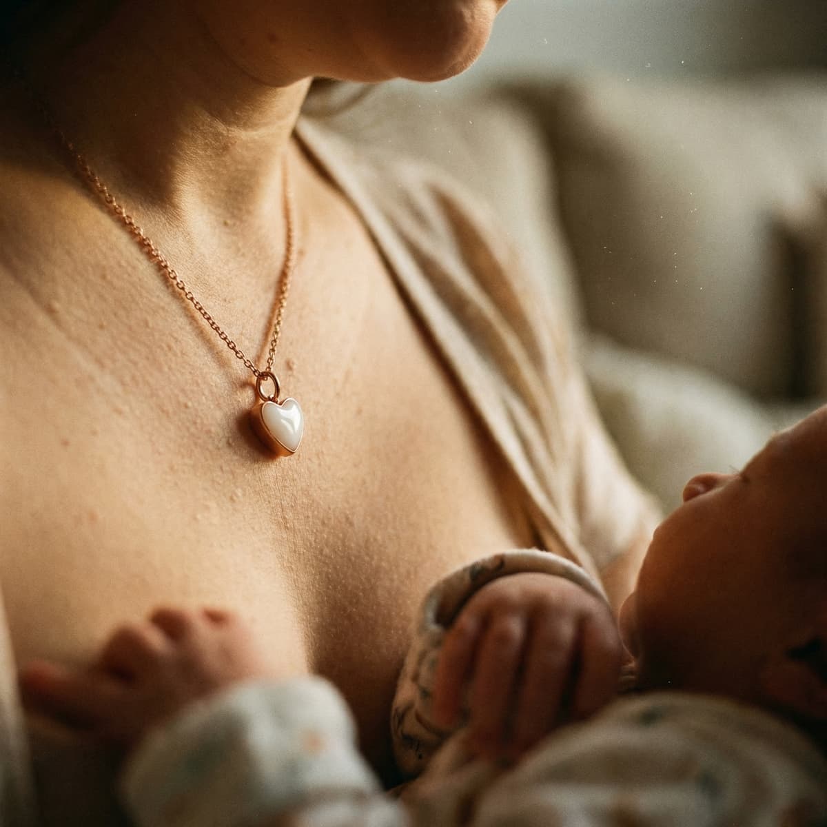 Close-up of a new mother holding her baby while wearing a heart-shaped breastmilk keepsake necklace, a meaningful push present for wife after childbirth.